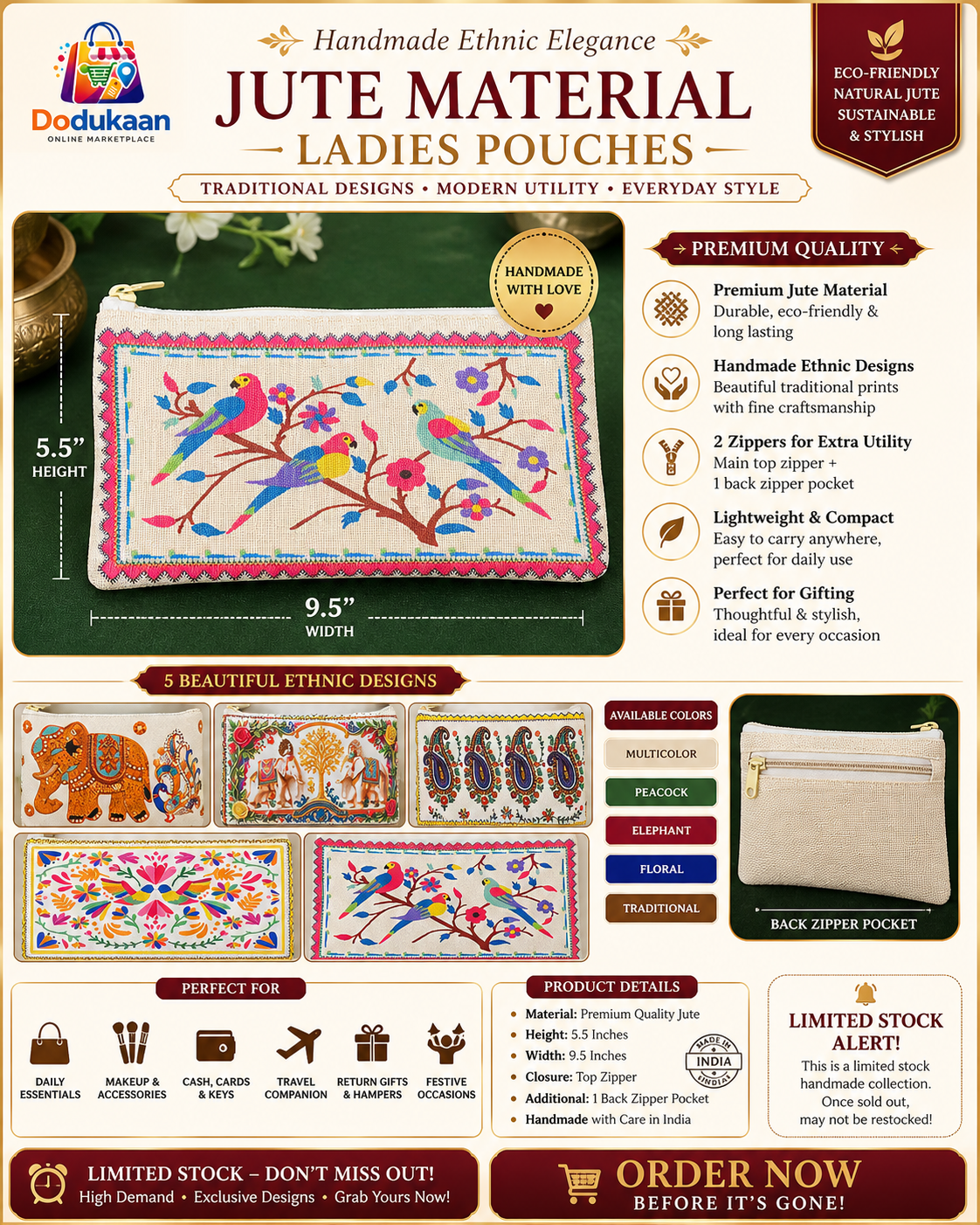 Handmade Jute Ethnic Ladies Pouch – Parrots Heritage Design | Dual Zipper Clutch