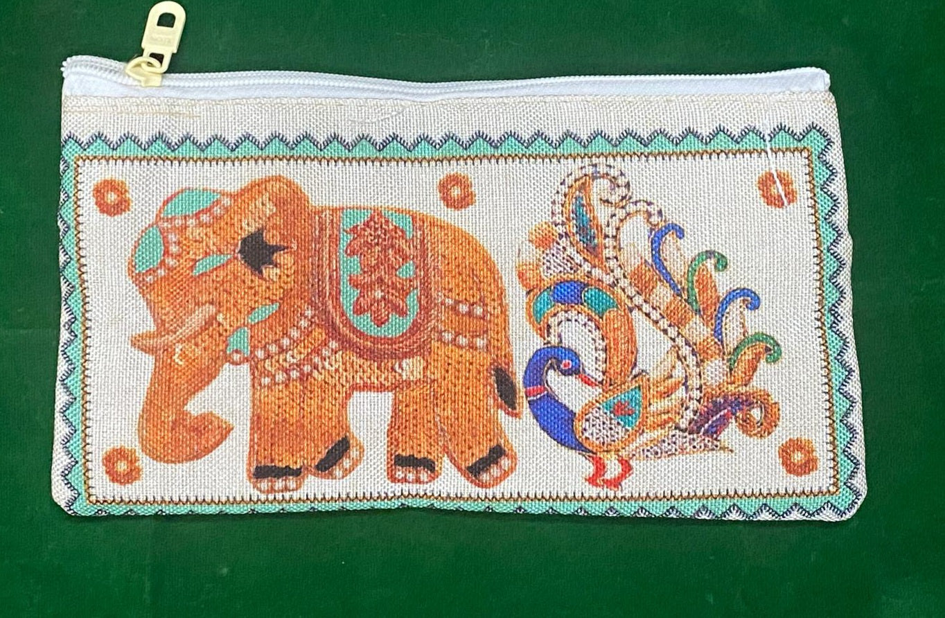 Handmade Jute Ethnic Ladies Pouch – Elephant Heritage Design | Dual Zipper Clutch