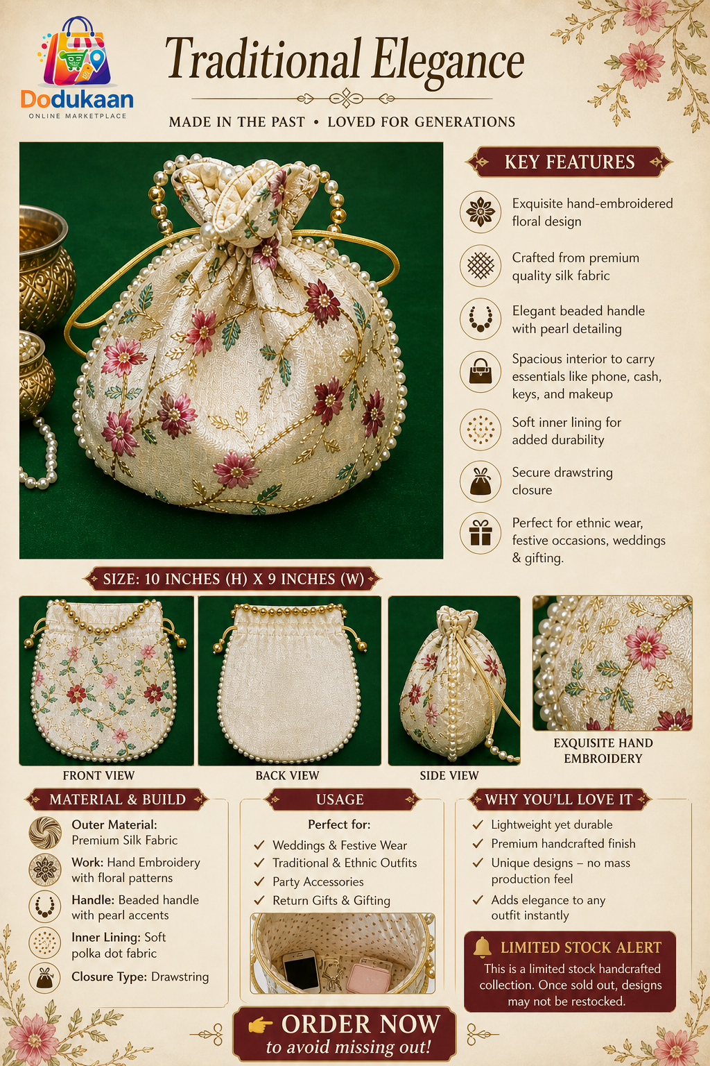 Sherwani Silk Potli Bag for Women | Hand Embroidered Floral Design | Ethnic Wedding & Festive Clutch