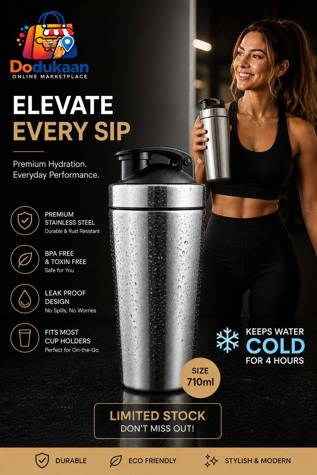 Pro Fitness Shaker Bottle 710ml | Stainless Steel | Cold Retention 4H | BPA-Free & Leak-Proof