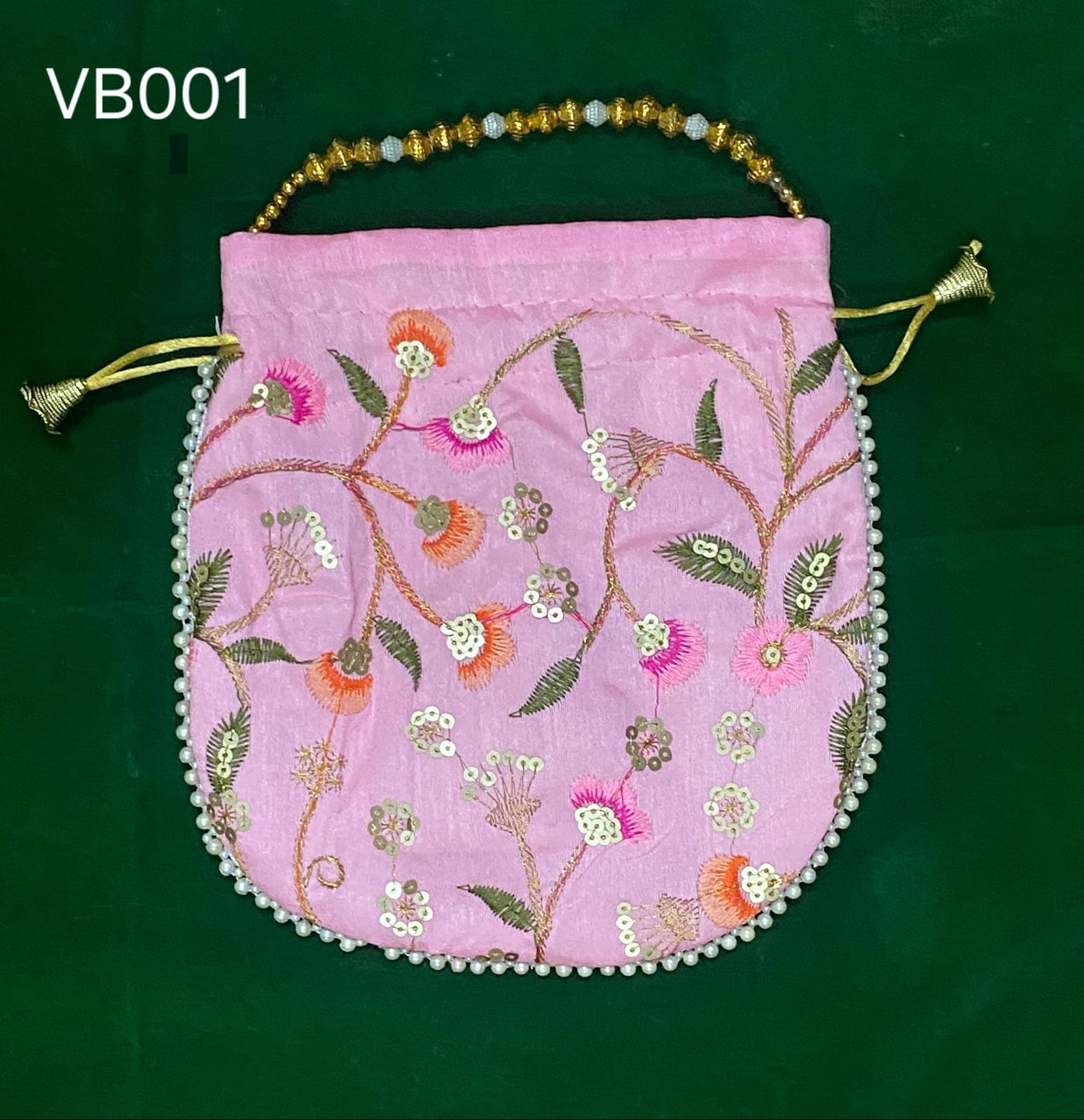 Elegant Handcrafted Potli Bag PINK – Premium Embroidered Silk Ethnic Clutch with Beaded Handle