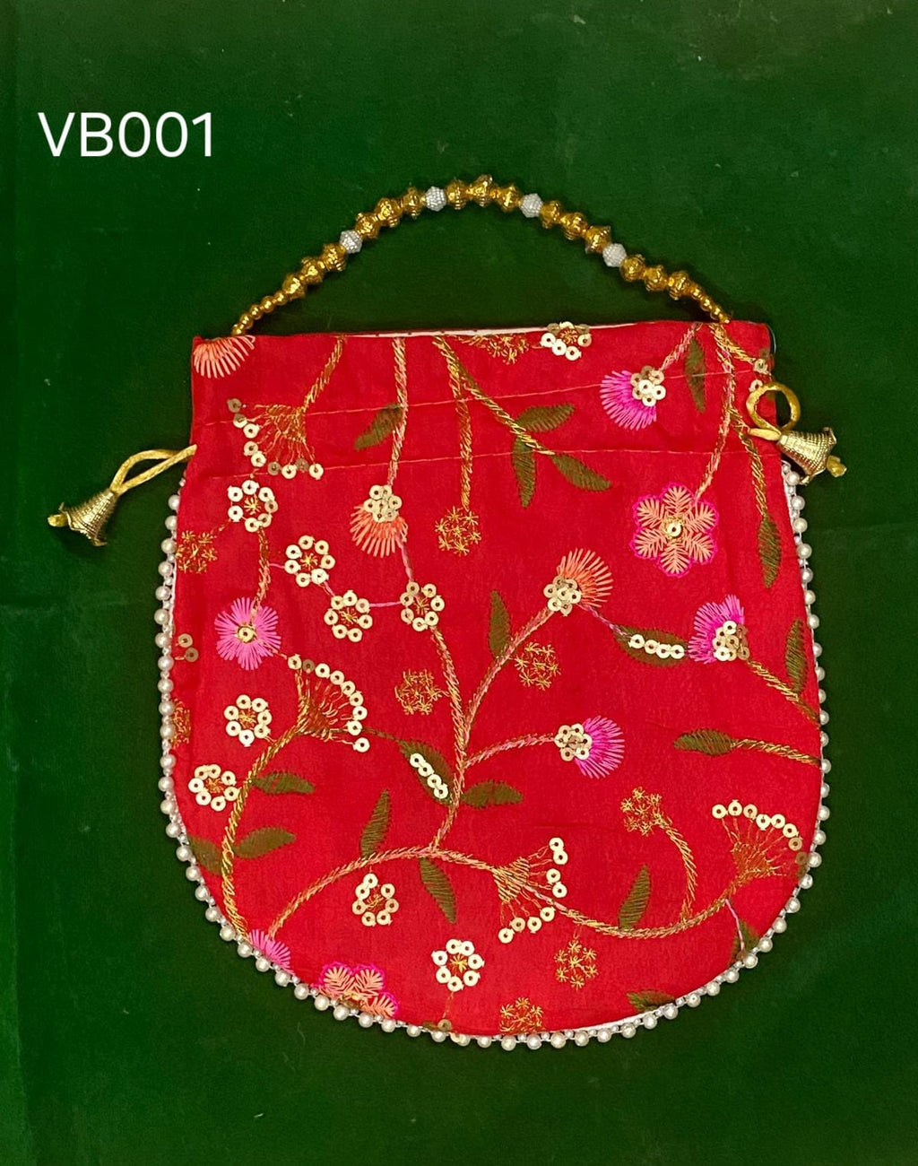 Elegant Handcrafted Potli Bag RED – Premium Embroidered Silk Ethnic Clutch with Beaded Handle
