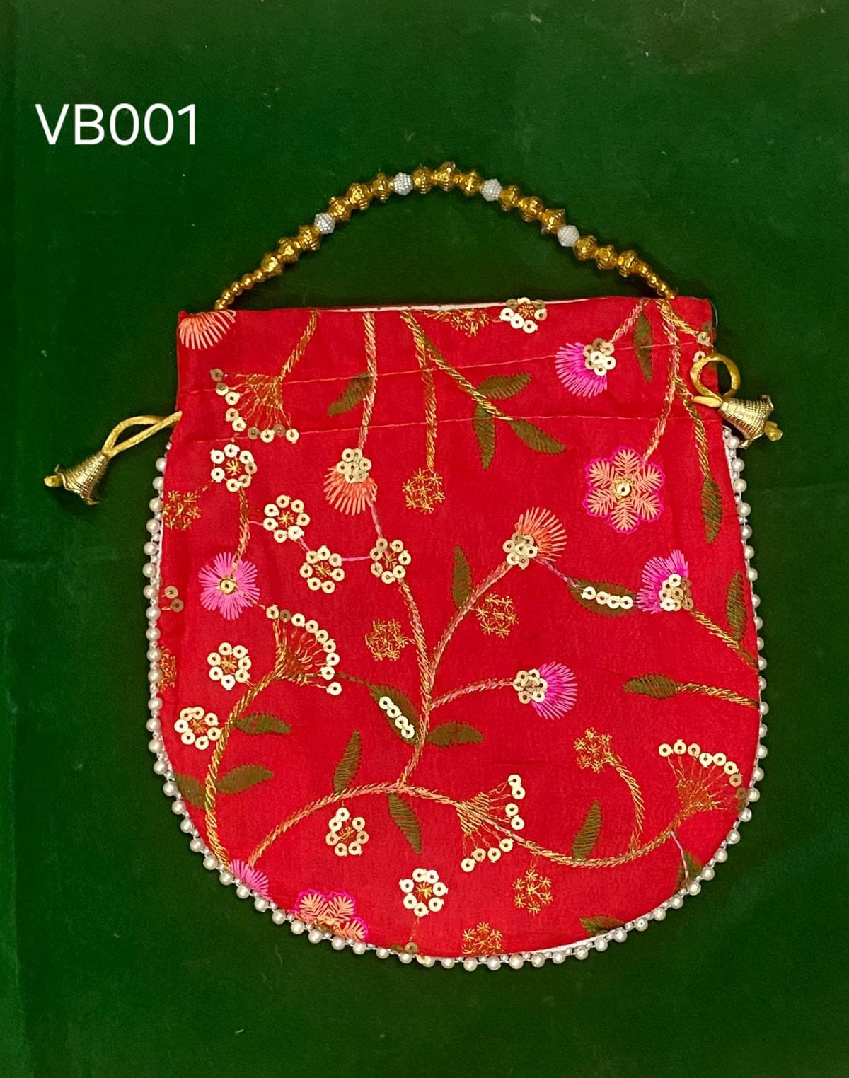 Elegant Handcrafted Potli Bag RED – Premium Embroidered Silk Ethnic Clutch with Beaded Handle
