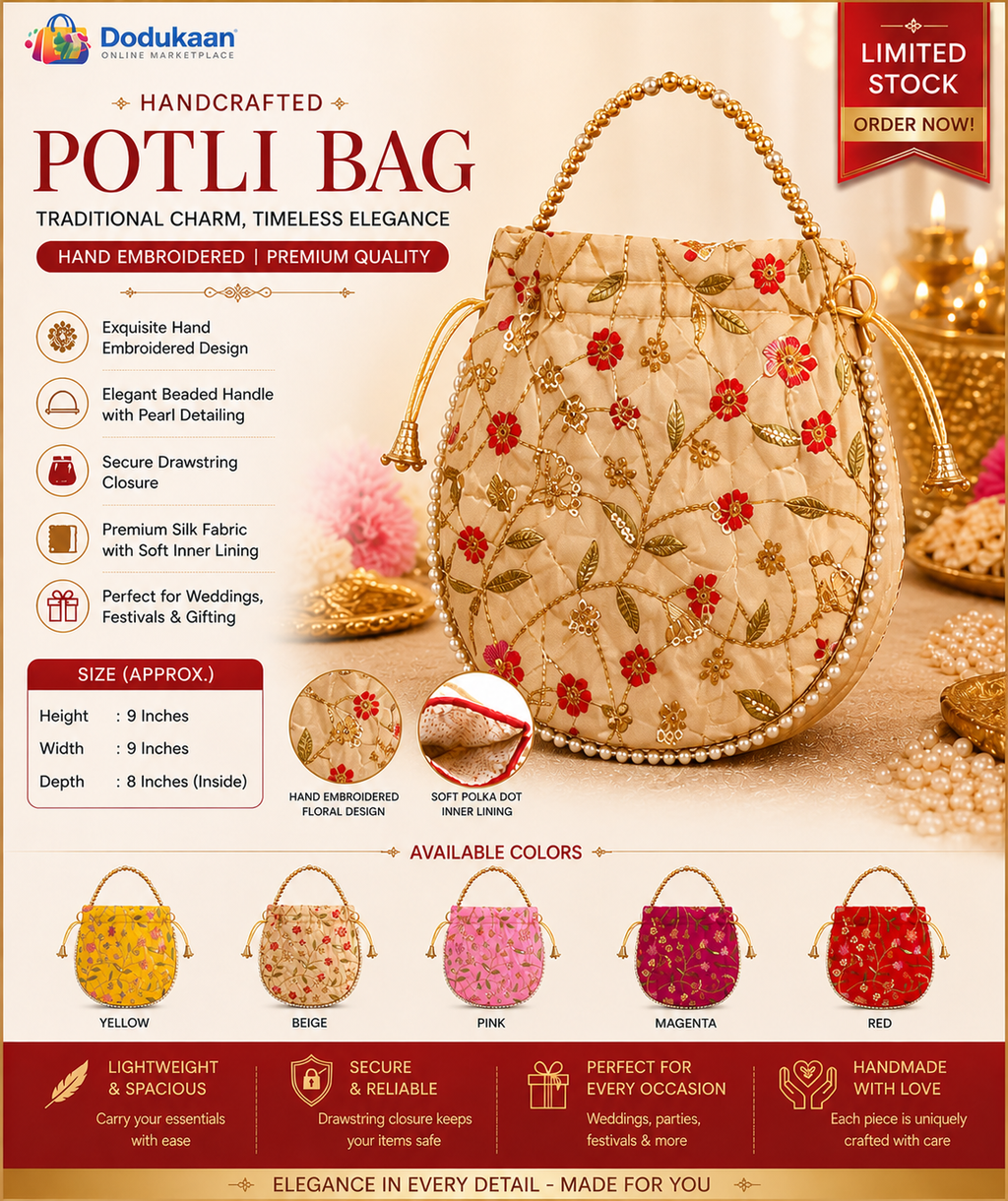 Elegant Handcrafted Potli Bag BAIGE – Premium Embroidered Silk Ethnic Clutch with Beaded Handle