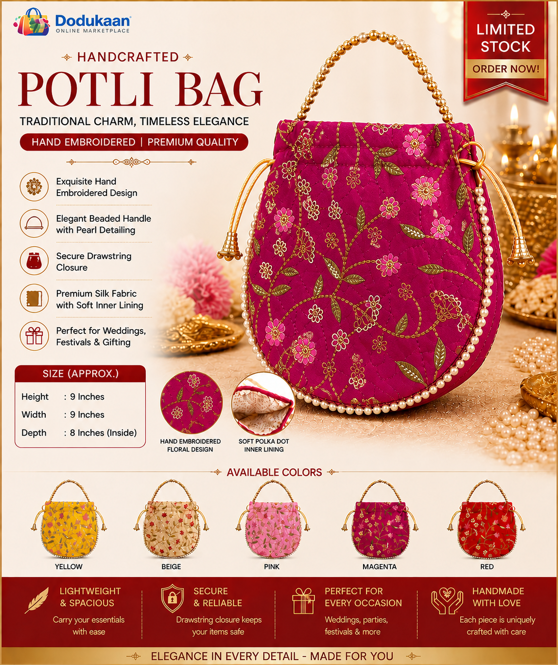 Elegant Handcrafted Potli Bag DARK PINK – Premium Embroidered Silk Ethnic Clutch with Beaded Handle