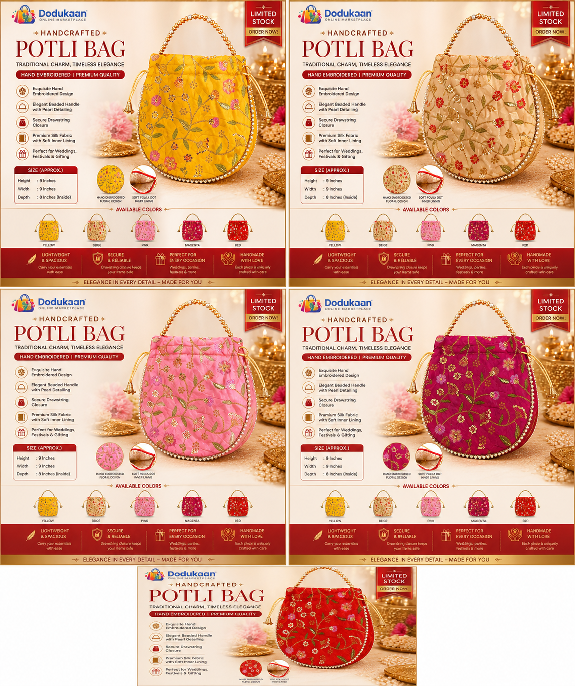 Elegant Handcrafted Potli Bag BAIGE – Premium Embroidered Silk Ethnic Clutch with Beaded Handle