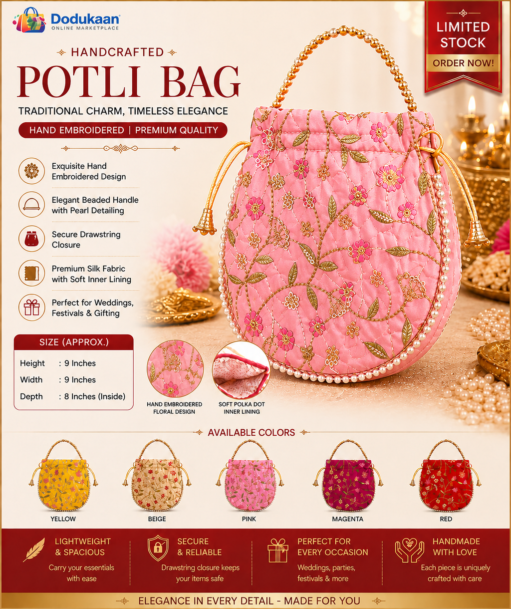Elegant Handcrafted Potli Bag PINK – Premium Embroidered Silk Ethnic Clutch with Beaded Handle