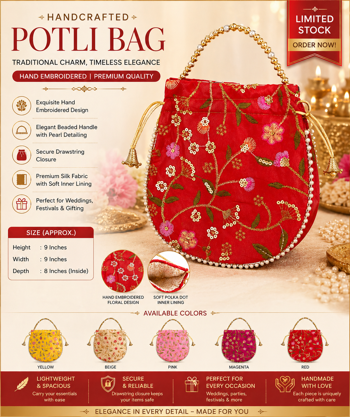 Elegant Handcrafted Potli Bag RED – Premium Embroidered Silk Ethnic Clutch with Beaded Handle