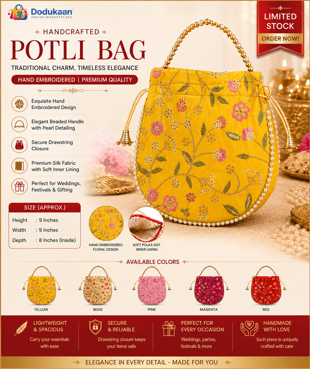 Elegant Handcrafted Potli Bag YELLOW – Premium Embroidered Silk Ethnic Clutch with Beaded Handle